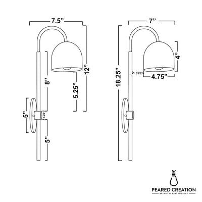 Antique brass wall sconce with curved arm and dome-shaped shade, detailed dimensions shown. - Sconce Model No. 7340