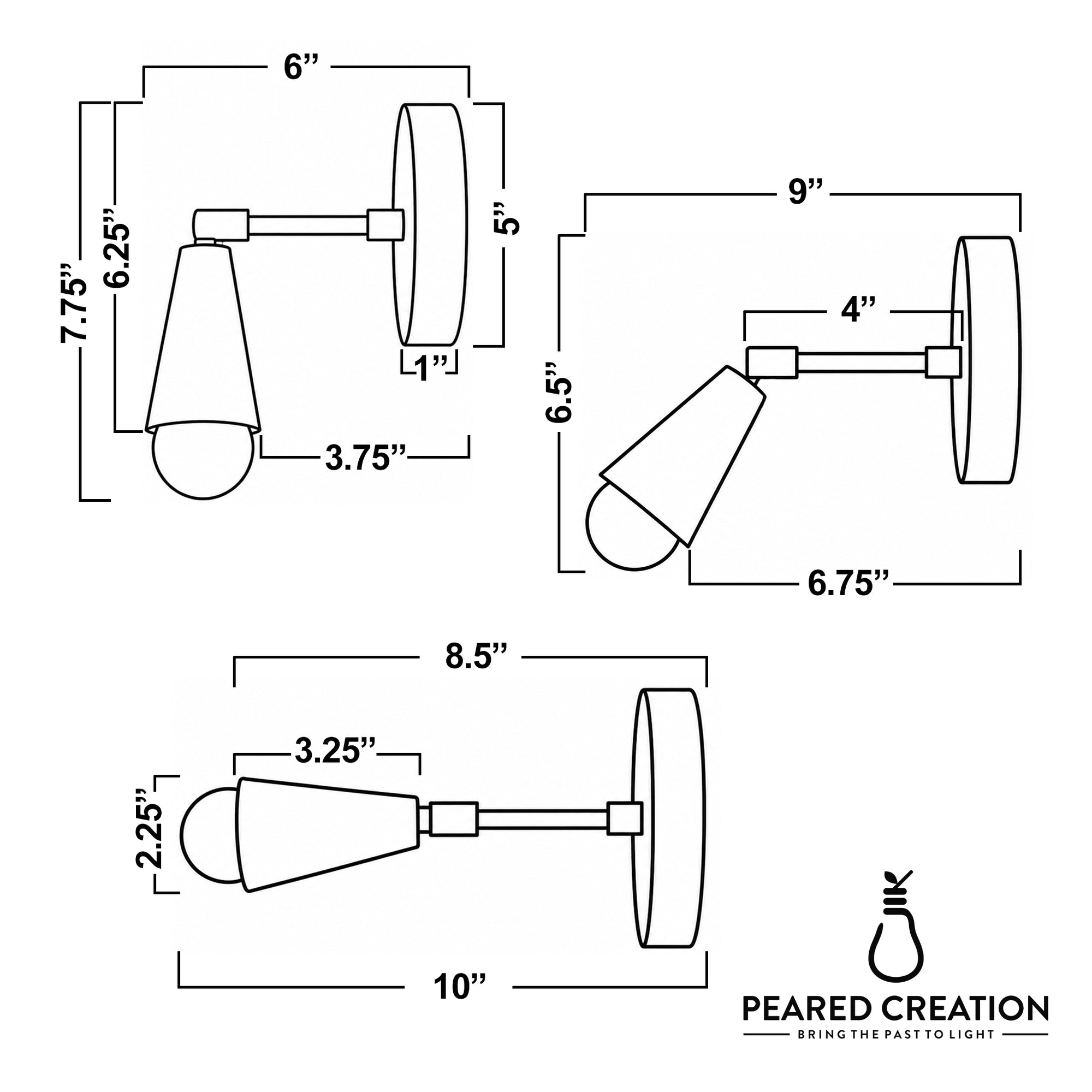 Mid-century modern adjustable bare bulb wall sconce with angled conical metal shade and circular base, dimensions included. - SCONCE MODEL NO. 4339