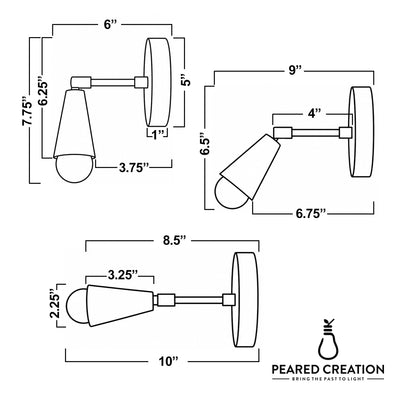 Mid-century modern adjustable bare bulb wall sconce with angled conical metal shade and circular base, dimensions included. - SCONCE MODEL NO. 4339