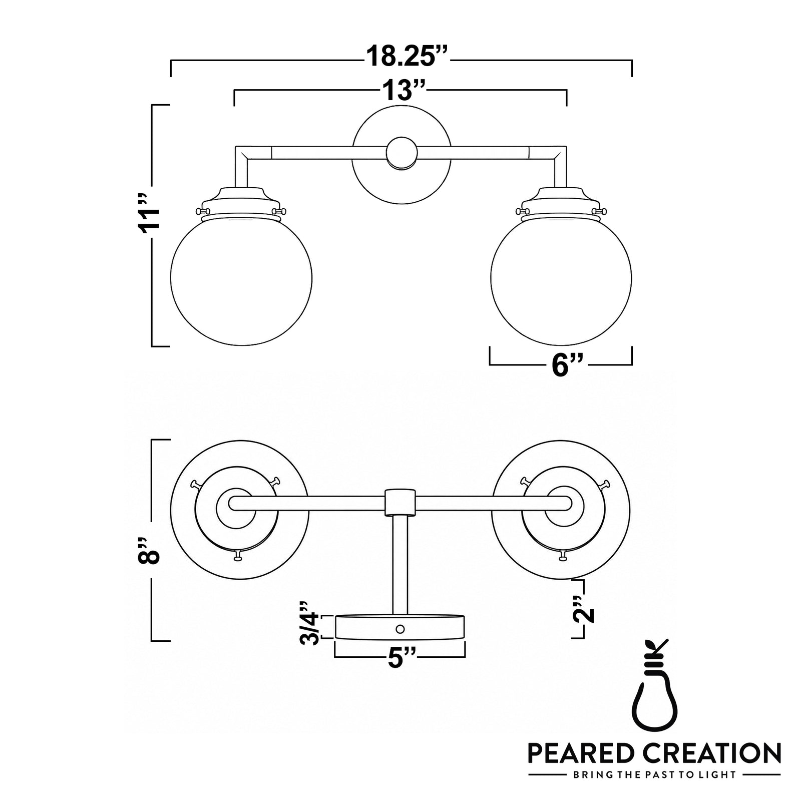 Two-bulb vanity light with round white glass globes, brushed metal mounting plate and arms, 18.25-inch width. - VANITY LIGHT MODEL NO. 9500