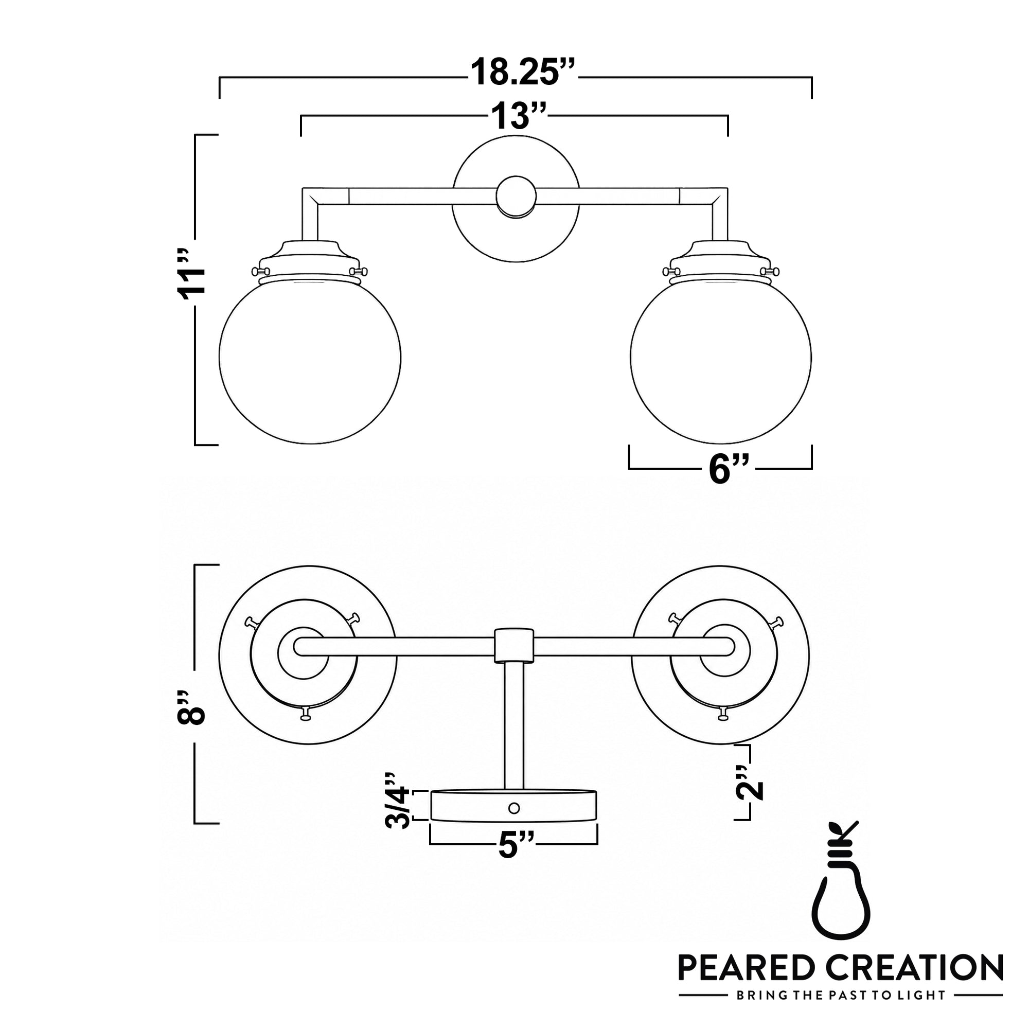 Two-bulb vanity light with round white glass globes, brushed metal mounting plate and arms, 18.25-inch width. - VANITY LIGHT MODEL NO. 9500