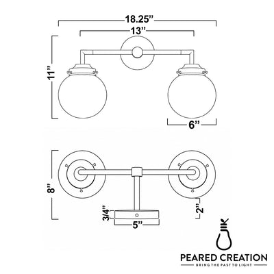 Two-bulb vanity light with round white glass globes, brushed metal mounting plate and arms, 18.25-inch width. - VANITY LIGHT MODEL NO. 9500