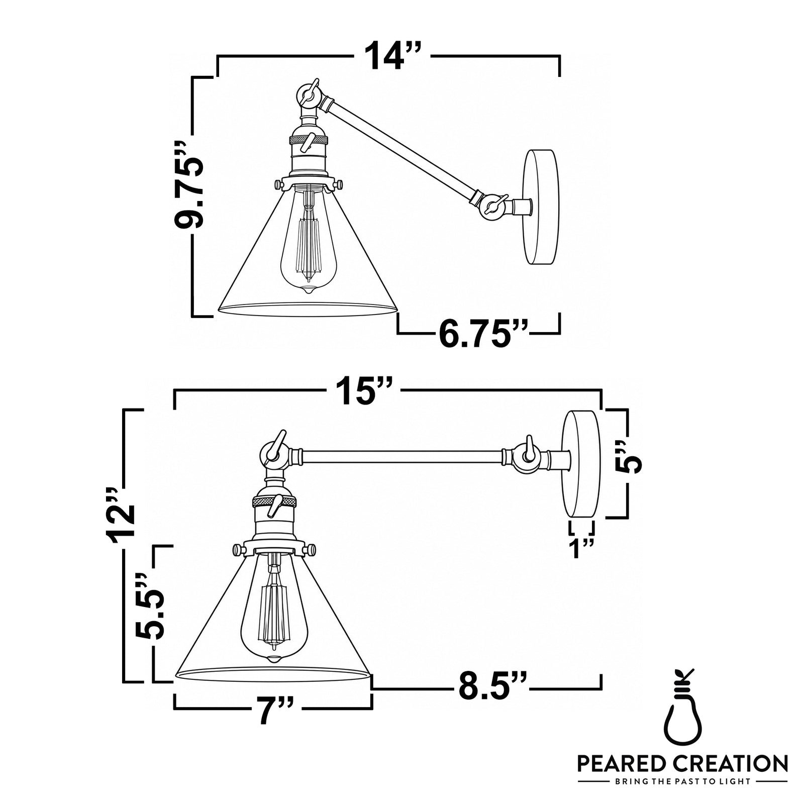 Industrial adjustable wall sconce with clear conical glass shade and metal arm in matte black finish. - SCONCE MODEL NO. 7962