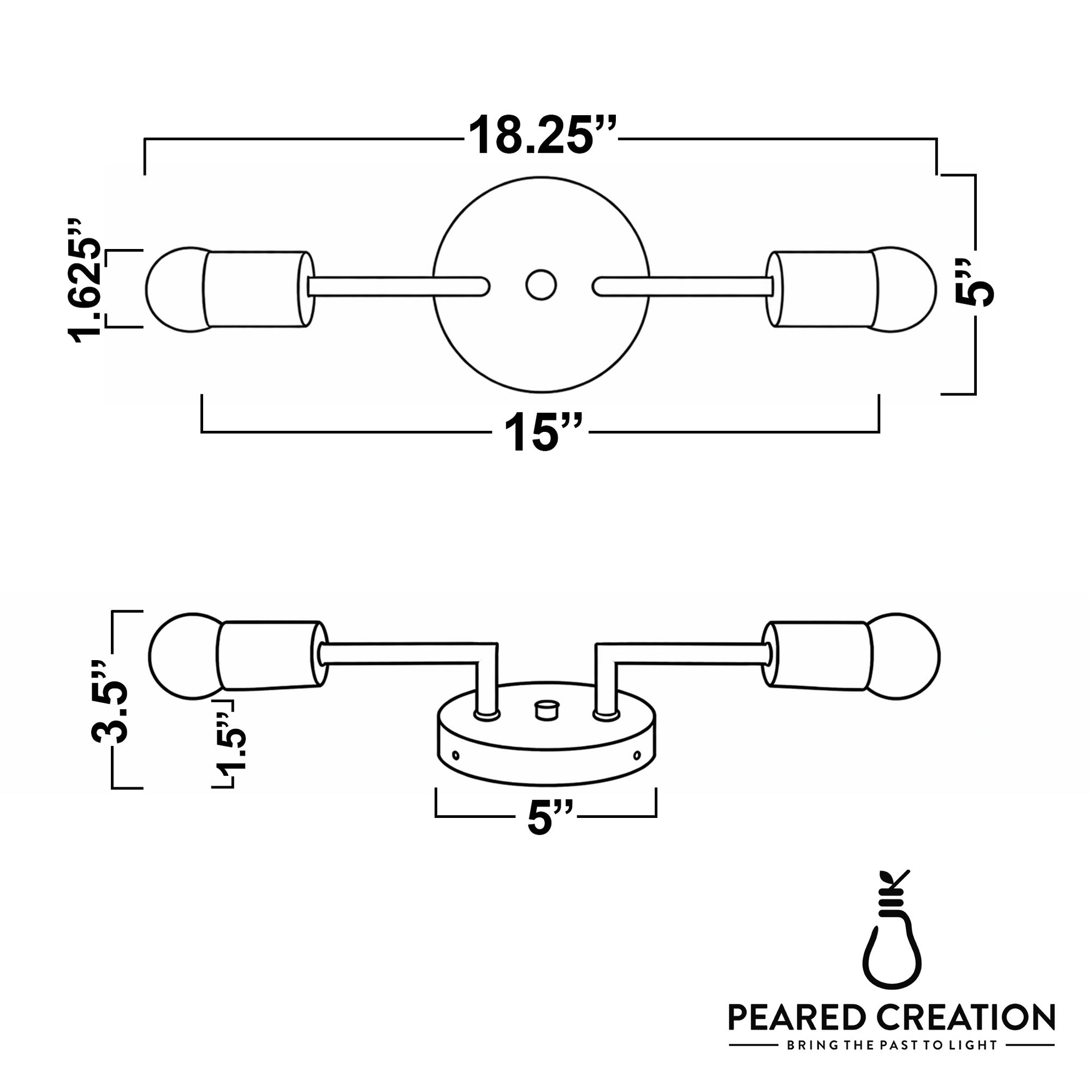 Mid-century modern 2-bulb vanity light with bare bulbs, round metal base, and horizontal arms in matte finish. - VANITY LIGHT MODEL NO. 1938
