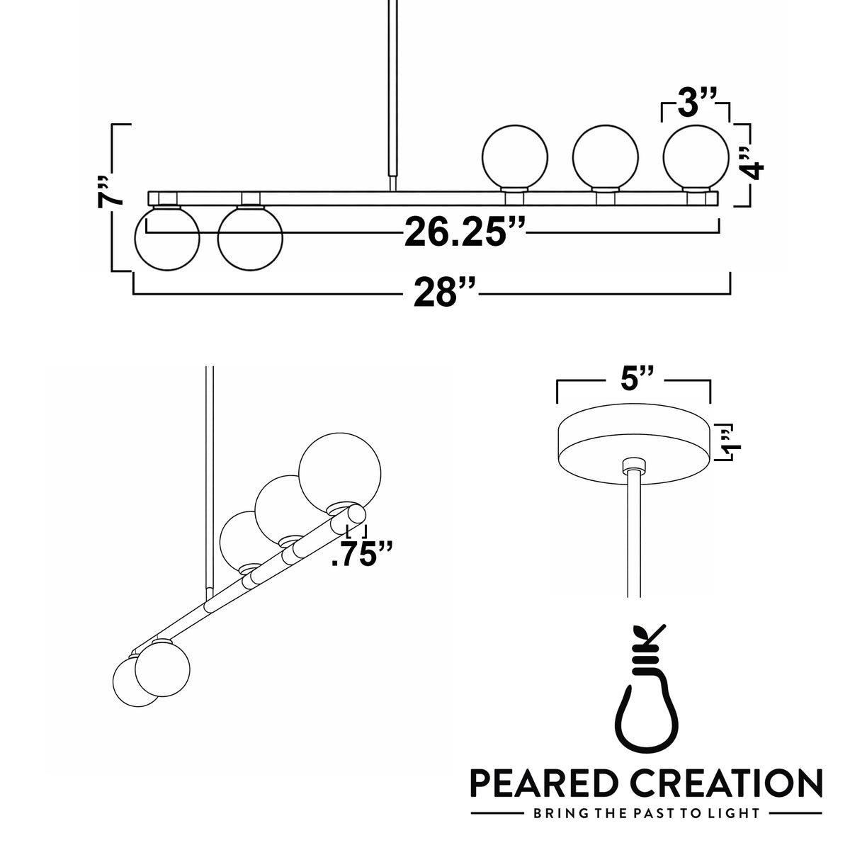 Linear chandelier with five frosted glass globes on a sleek brushed metal frame. - CHANDELIER MODEL NO. 6507