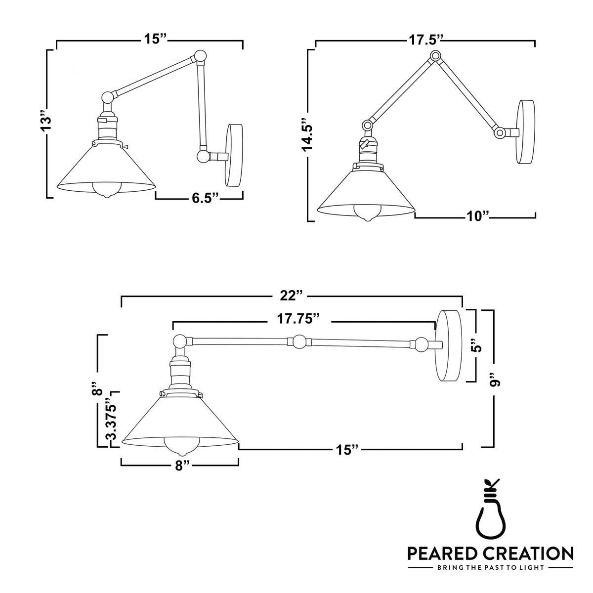 Industrial adjustable wall sconce with conical shade, detailed dimensions in inches shown. - SCONCE MODEL NO. 7164