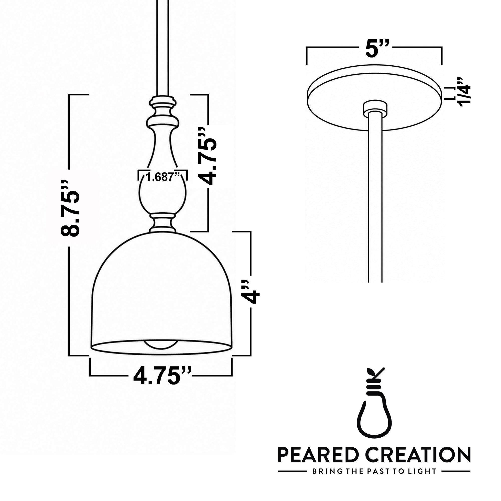 White metal dome pendant light with a rounded top and 8.75-inch length, hanging rod, and ceiling mount. - PENDANT MODEL N0. 6780