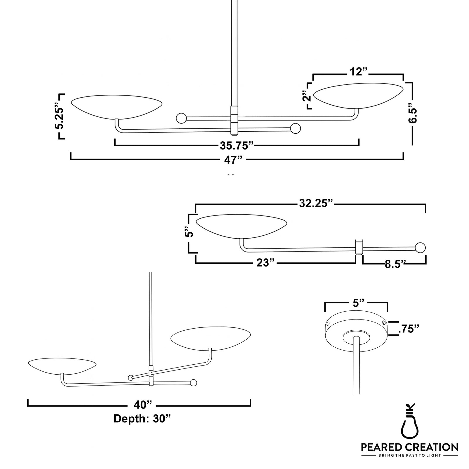Modern chandelier with two shallow white glass shades on a long horizontal metal frame in matte black, 47 inches wide. - CHANDELIER MODEL NO. 0680