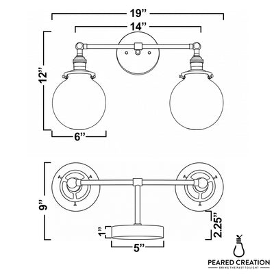 Industrial style 2-bulb vanity light with matte black finish and frosted glass globe shades. - VANITY LIGHT MODEL NO. 5348