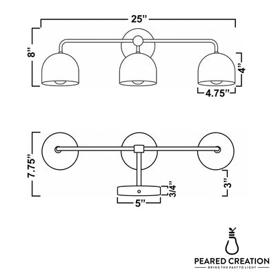 Three-bulb matte black vanity light with dome-shaped shades and slim horizontal bar, mid-century modern style. - VANITY LIGHT MODEL NO. 7456