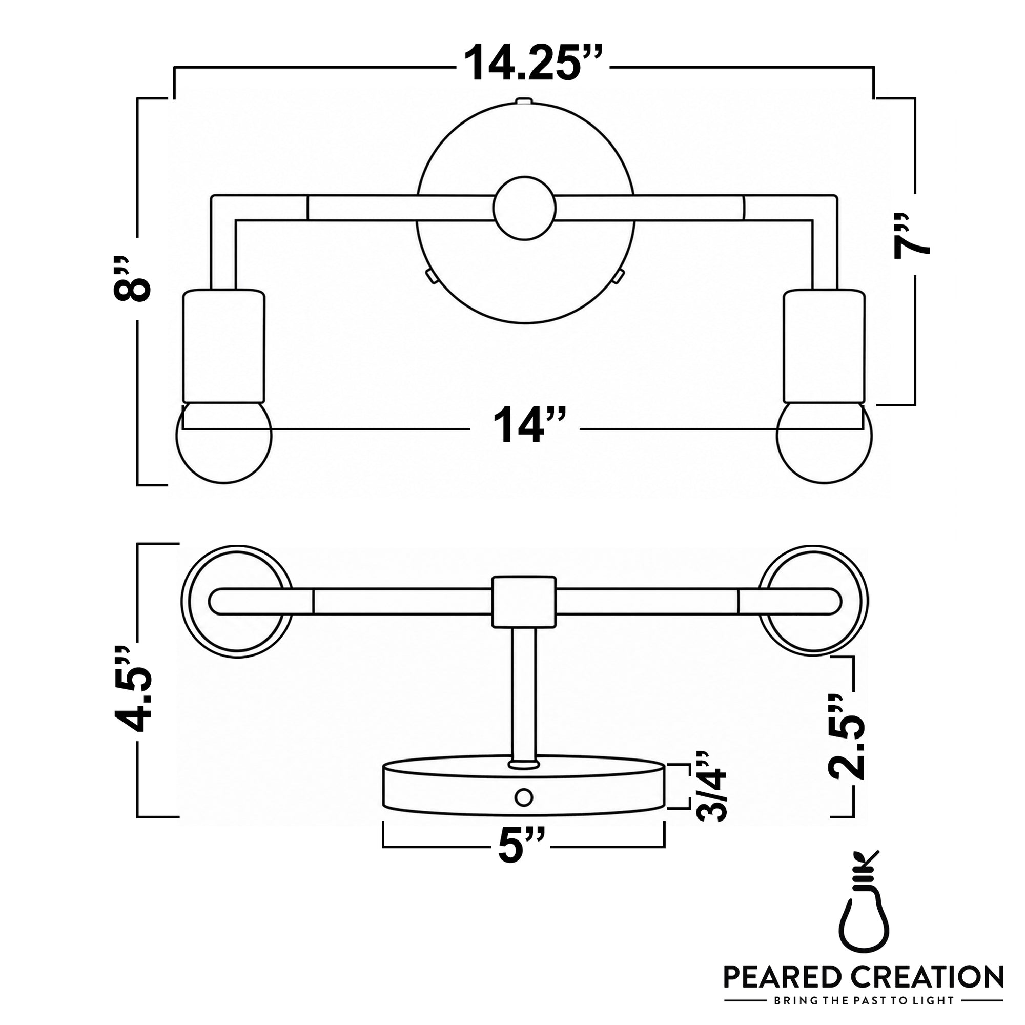 Scandinavian-style 2-bulb vanity light with bare bulbs, matte black metal frame, round wall mount, and horizontal bar design. - VANITY LIGHT MODEL NO. 1561