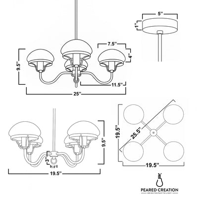 Modern 4-bulb chandelier with curved arms and dome-shaped frosted glass shades in a brushed metal finish. - CHANDELIER MODEL NO. 2136