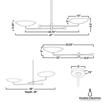 Modern linear chandelier with two shallow white glass shades on a matte black metal frame, 47 inches wide. - CHANDELIER MODEL NO. 0680