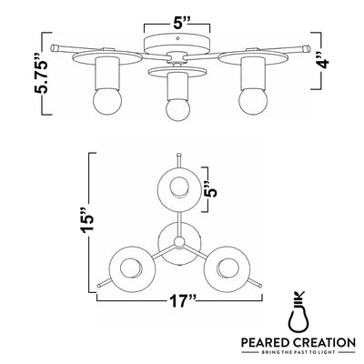 Mid-century modern flush mount chandelier with three exposed white bulbs on black metal arms, 17-inch width. - CHANDELIER MODEL NO. 9526
