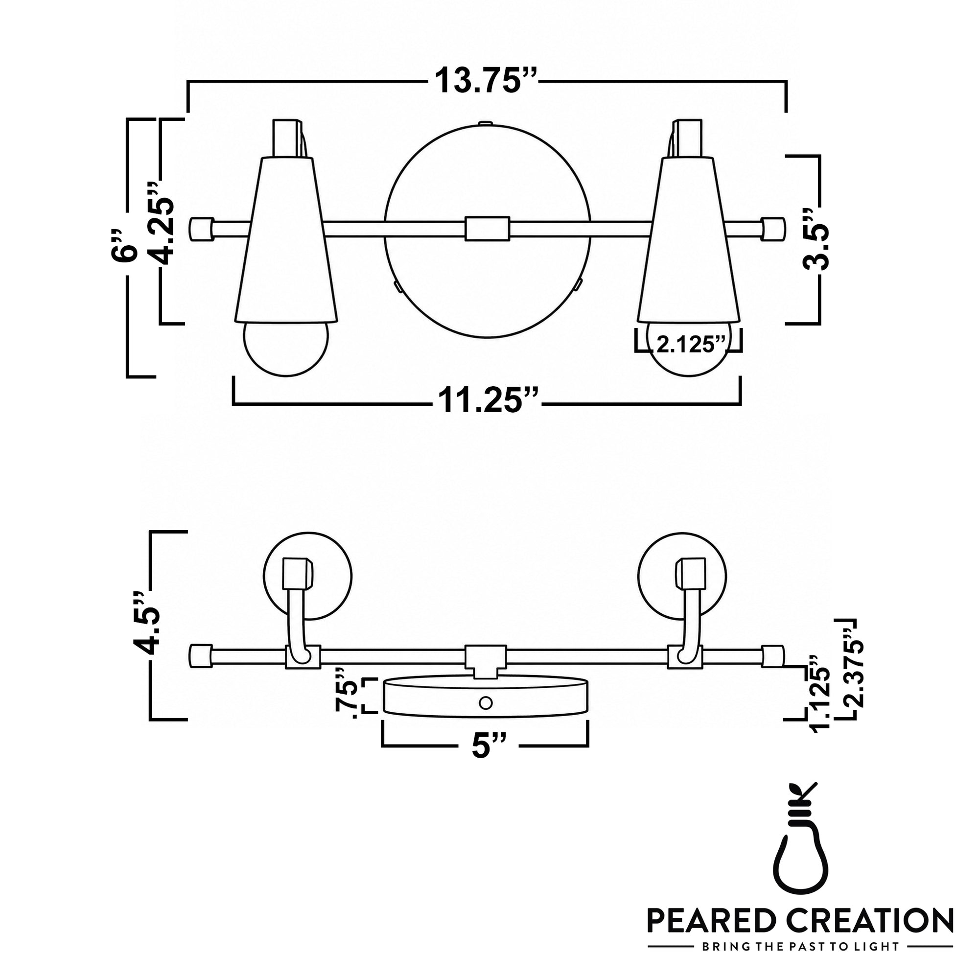 Industrial-style 2-bulb vanity light with matte black metal finish and clear bare bulbs. - VANITY LIGHT MODEL NO. 1229