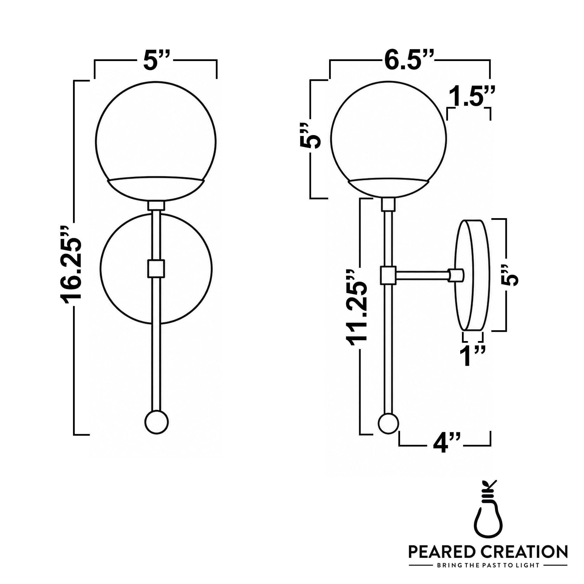 Art Deco wall sconce with white globe shade, brass finish, and slender vertical rod design. - SCONCE MODEL NO. 1048