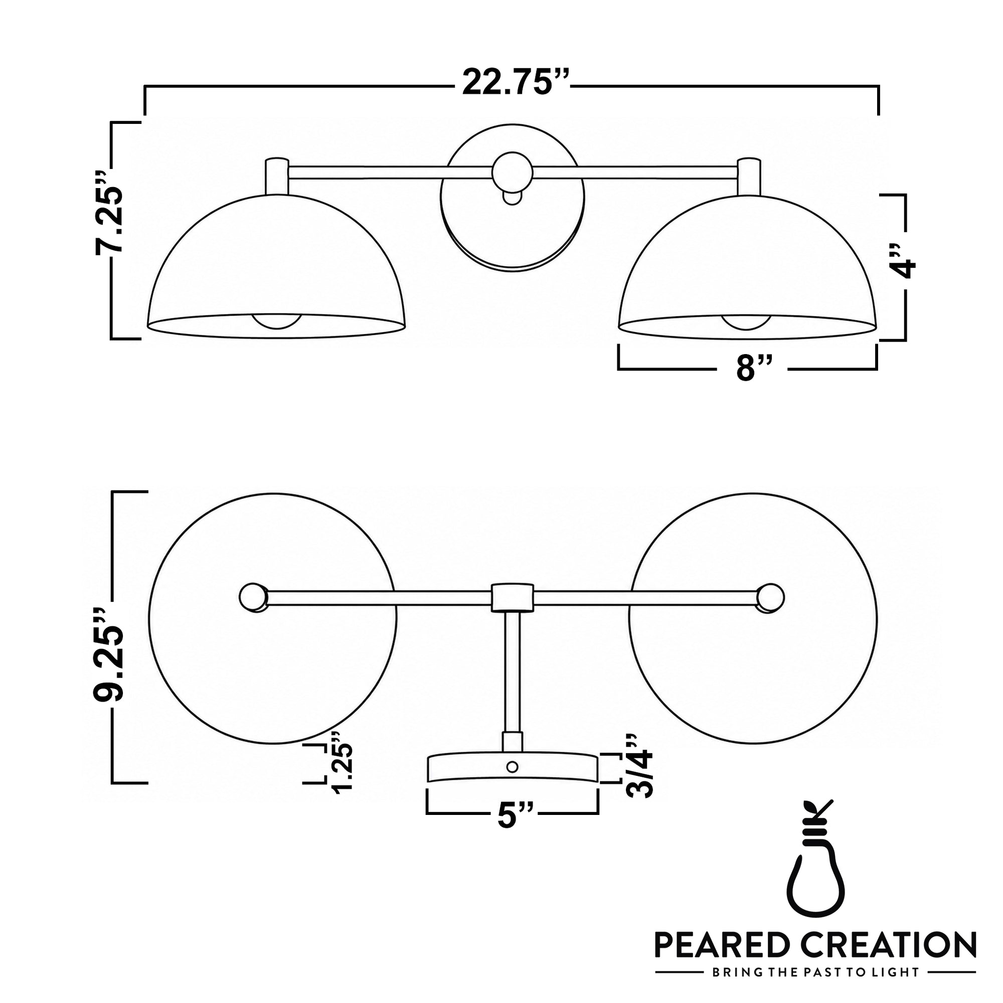 Art Deco style 2-bulb vanity light with dual dome-shaped shades in a symmetrical metal frame. - VANITY LIGHT MODEL NO. 1027