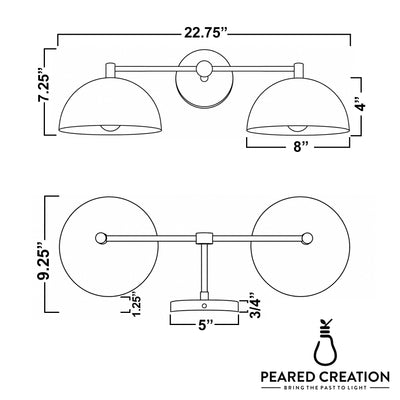 Art Deco style 2-bulb vanity light with dual dome-shaped shades in a symmetrical metal frame. - VANITY LIGHT MODEL NO. 1027