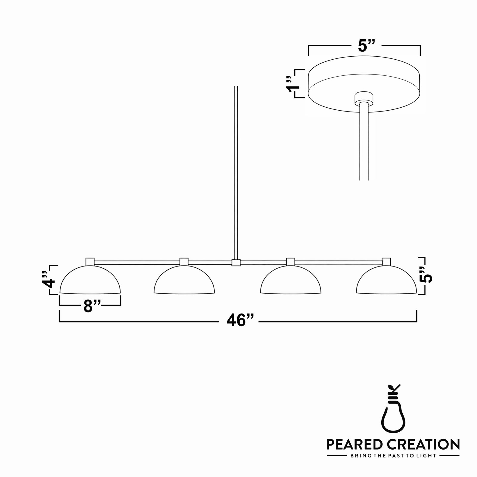 Metal chandelier with four dome-shaped white glass shades in a linear design, 46 inches wide. - CHANDELIER MODEL NO. 4577