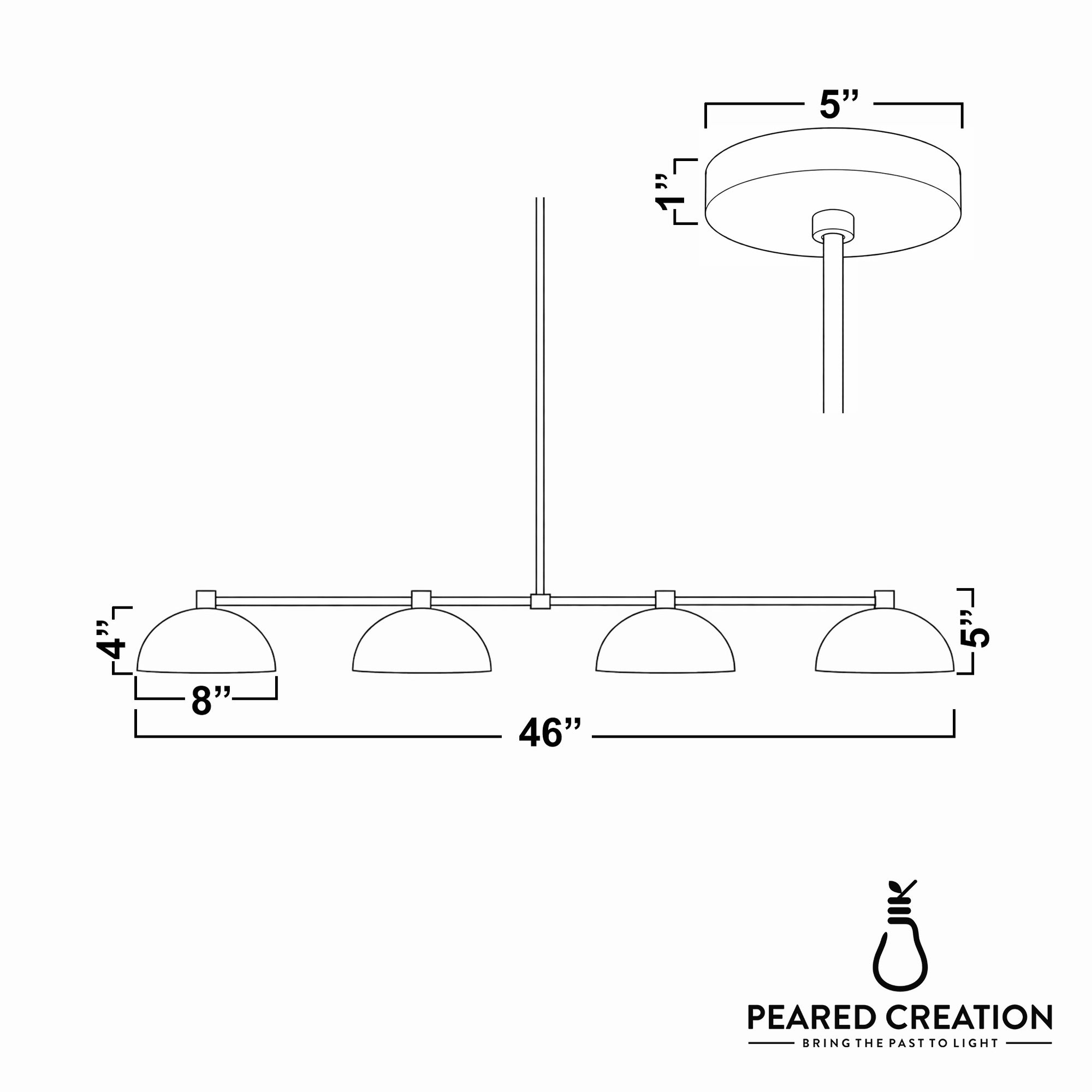 Metal chandelier with four dome-shaped white glass shades in a linear design, 46 inches wide. - CHANDELIER MODEL NO. 4577