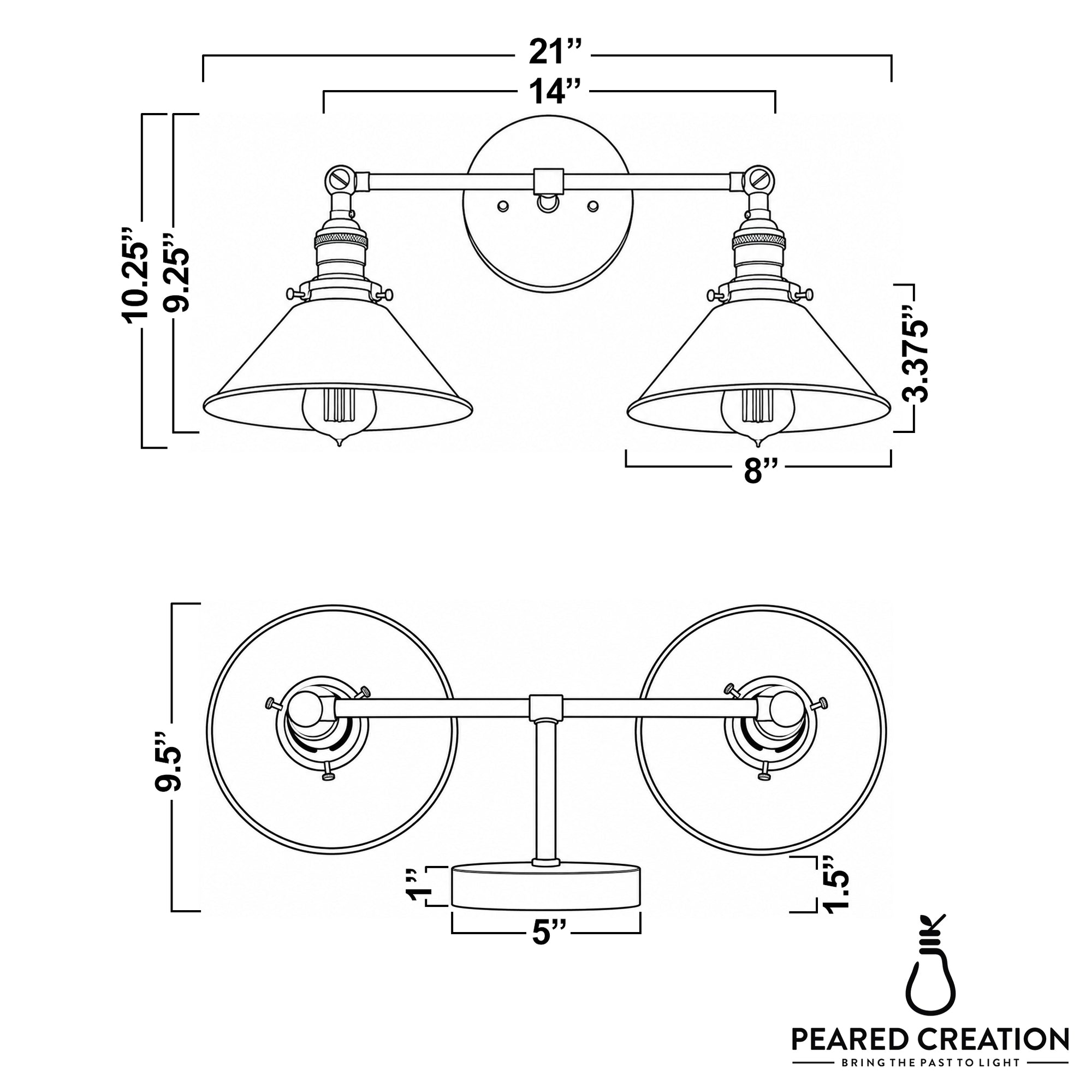 Industrial-style 2-bulb vanity light with metal shades, 21-inch wide, matte finish. - VANITY LIGHT MODEL NO. 0799