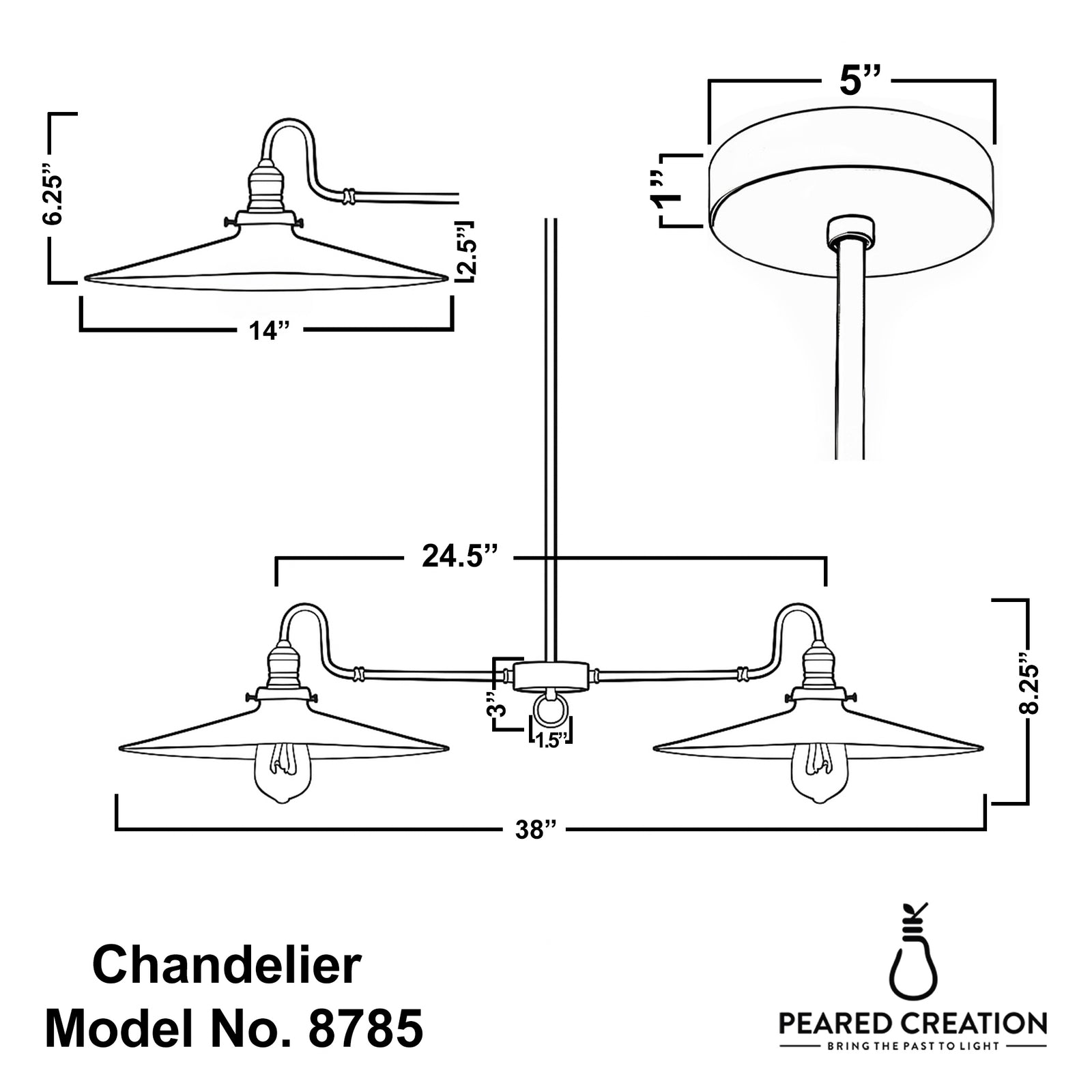 Industrial-style chandelier with two antique brass shades, adjustable 38-inch width, and ceiling mount plate. - CHANDELIER MODEL NO. 8785