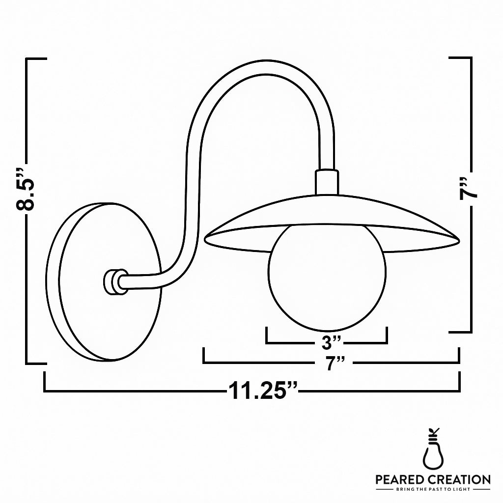 Wall-mounted sconce with curved arm and round backplate, featuring a dome-shaped shade and globe bulb, measurements shown. - SCONCE MODEL NO. 3799
