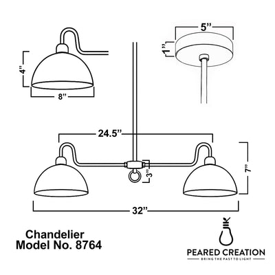 Antique brass farmhouse chandelier with two dome-shaped shades and adjustable rod mounting. - CHANDELIER MODEL NO. 8764