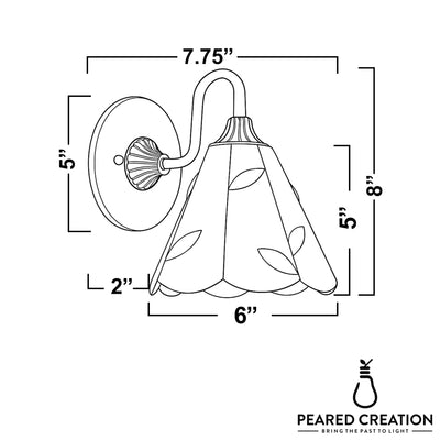 Wall sconce with two-bulb floral-patterned glass shade, curved metal arm, and round backplate in bronze finish. - SCONCE MODEL NO. 8543