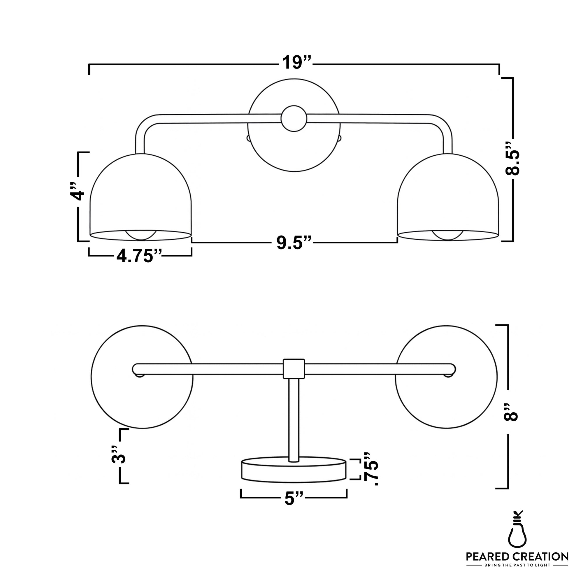 Black double-shade vanity light with curved metal arms and round wall mounts, 19 inches wide. - VANITY LIGHT MODEL NO. 2082