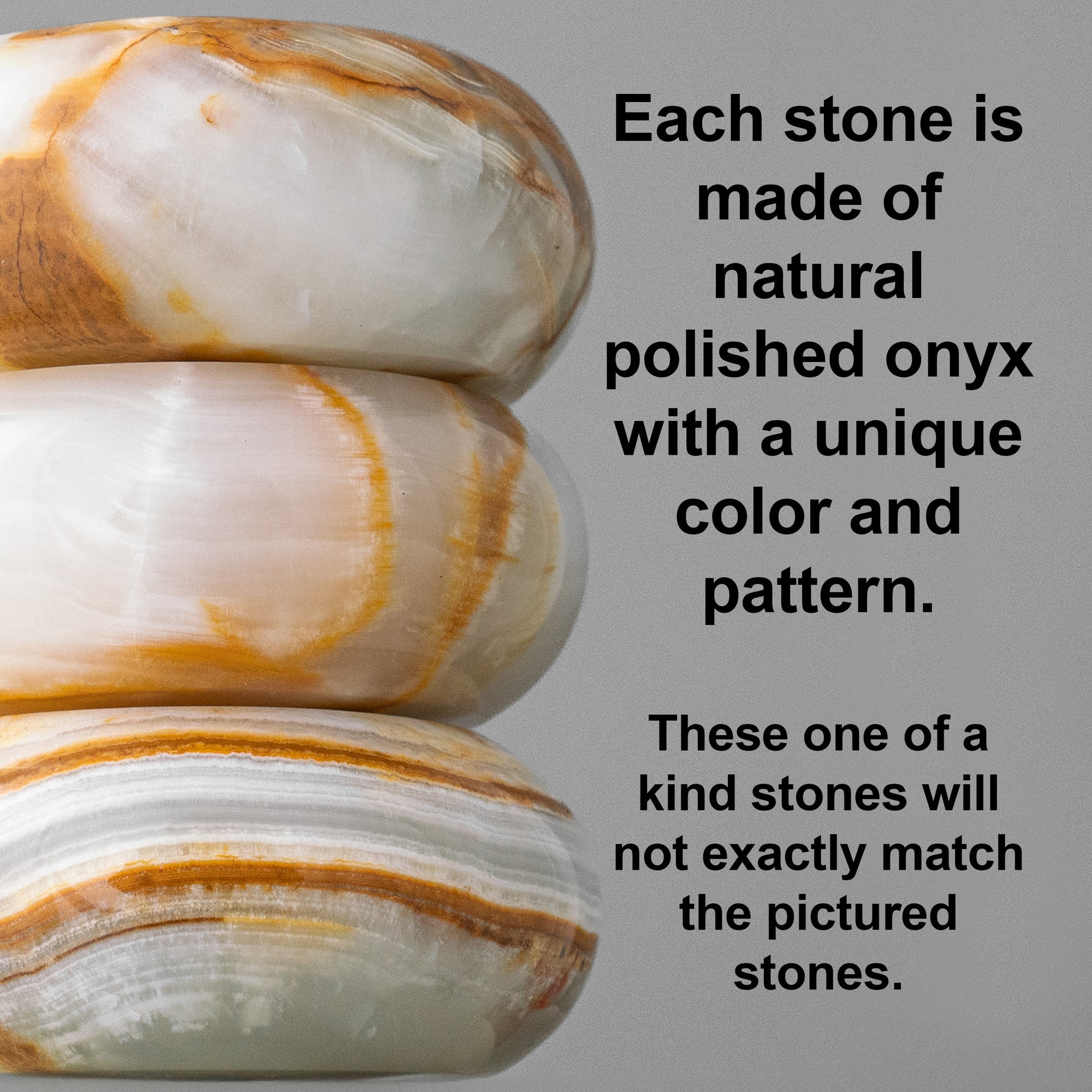 Stack of three polished onyx stones with natural white and golden-brown patterns on a gray background. - SCONCE MODEL NO. 1246