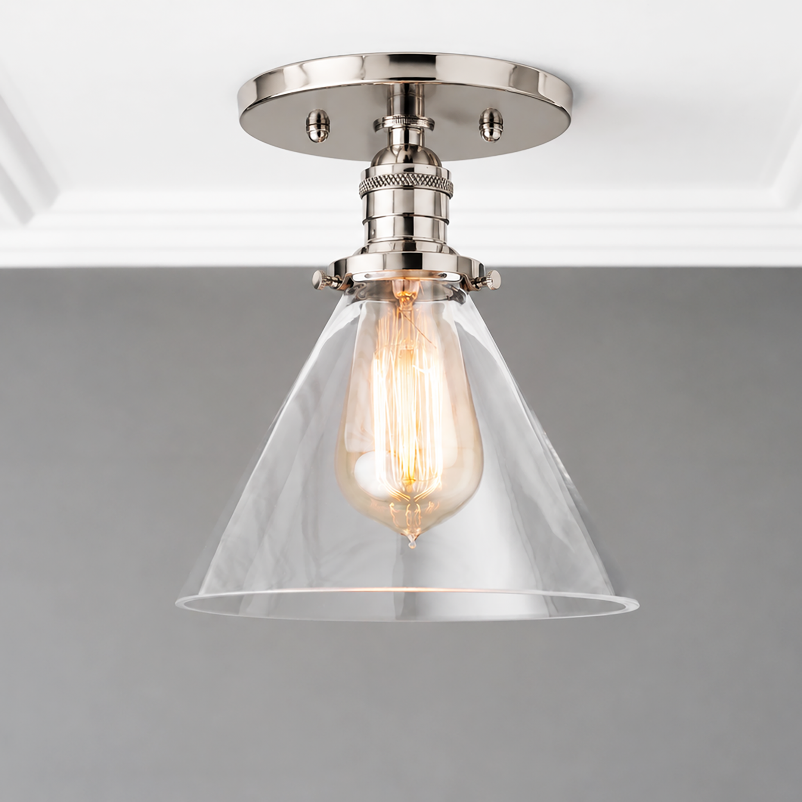 Flush ceiling light in Polished Nickel with a cone glass shade over an exposed filament bulb. - CEILING LIGHT MODEL NO. 8758