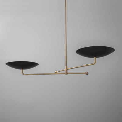 Antique brass chandelier with asymmetrical arms and two large black disc-shaped shades. - CHANDELIER MODEL NO. 0680