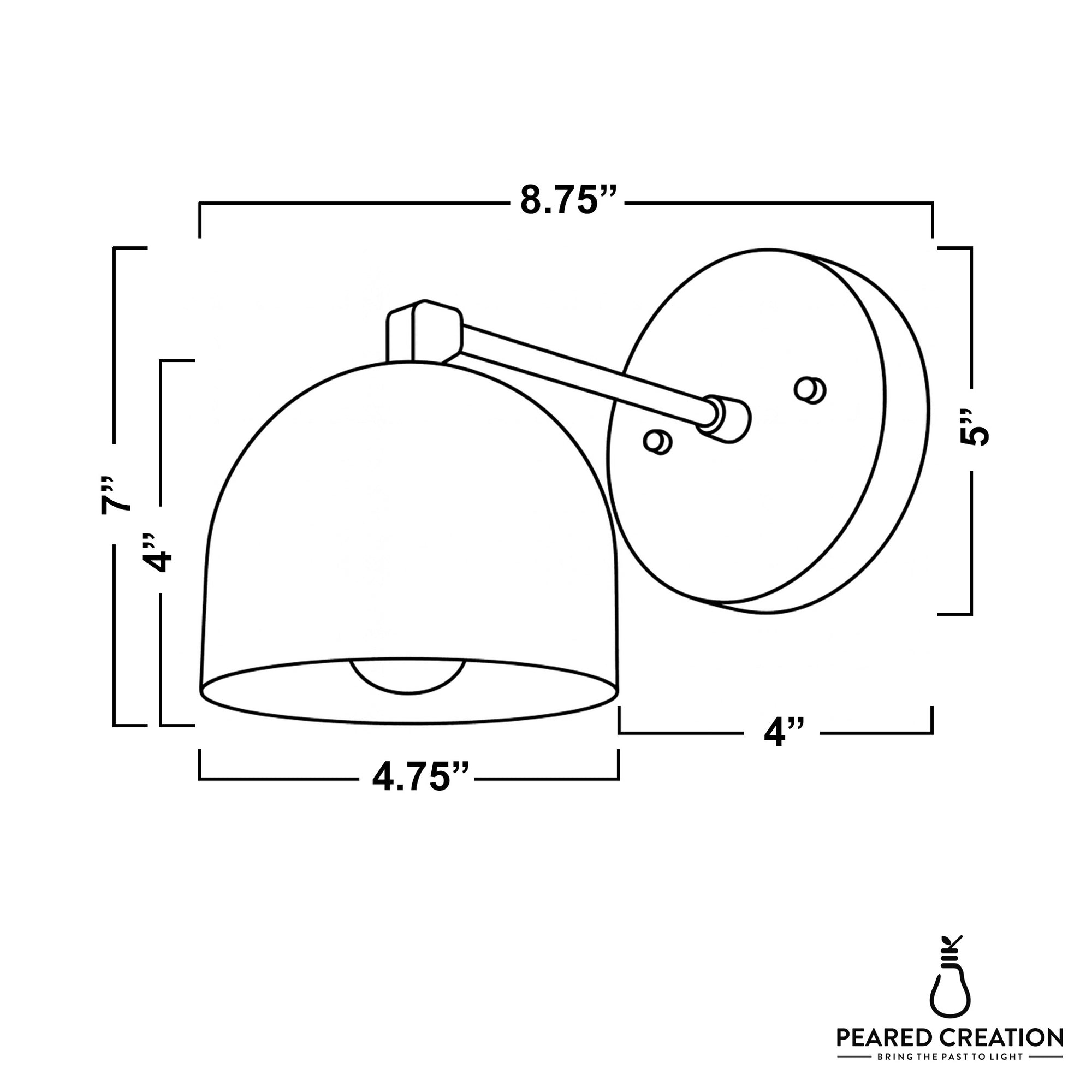 Wall sconce in black finish with cream-colored dome shade and round mounting plate, dimensions shown. - SCONCE MODEL NO. 8704