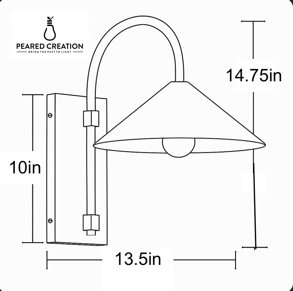Industrial style wall sconce with angled metal shade and curved arm, dimensions labeled. - SCONCE MODEL NO. 2096