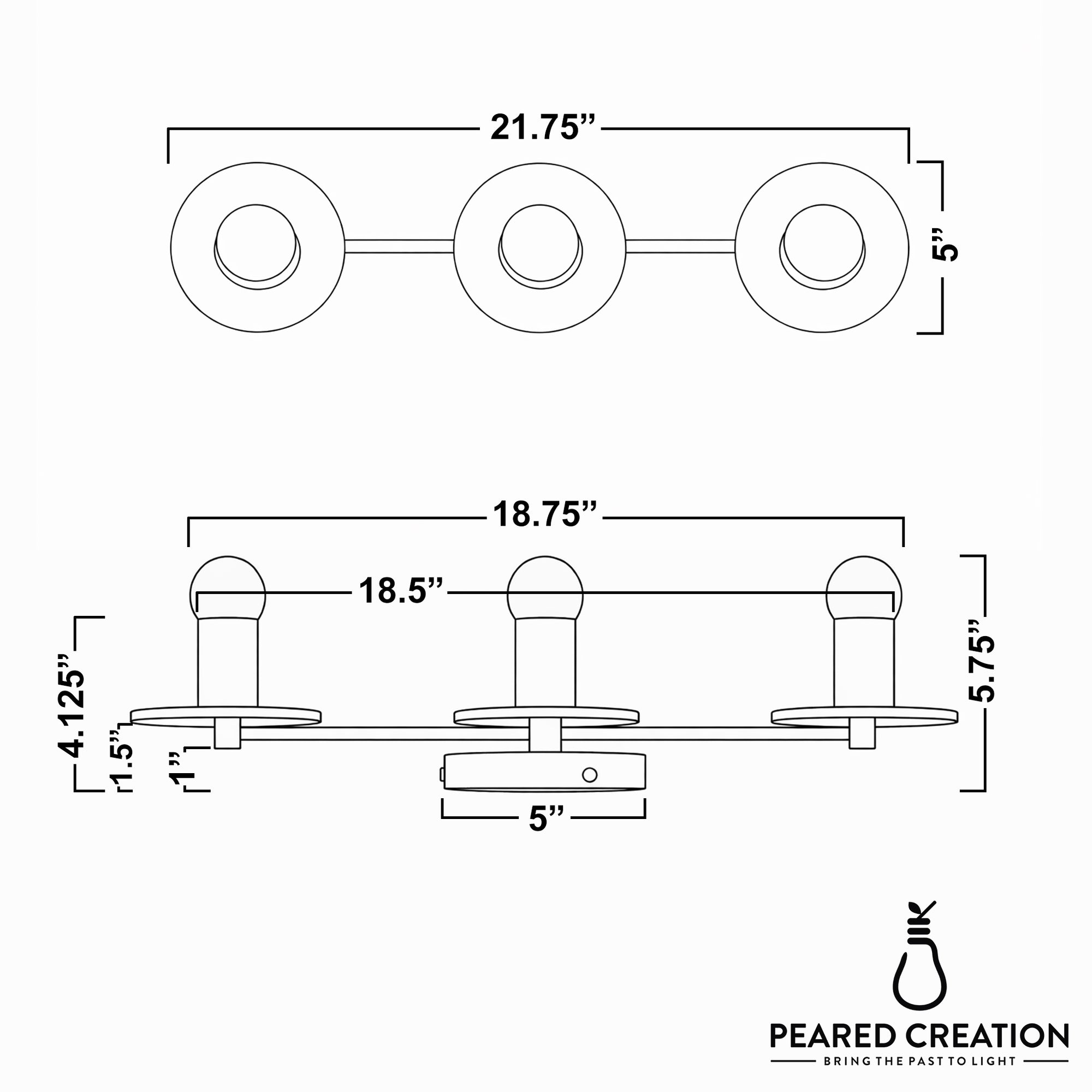 Scandinavian-style metal vanity light with three round bare bulbs, 21.75 inches wide, 5 inches tall. - VANITY LIGHT MODEL NO. 5708
