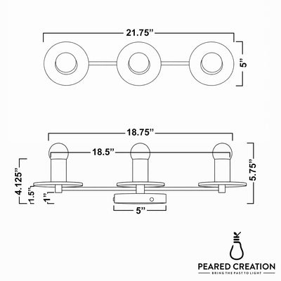 Scandinavian-style metal vanity light with three round bare bulbs, 21.75 inches wide, 5 inches tall. - VANITY LIGHT MODEL NO. 5708