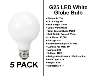 E26 Socket Globe Bulbs - 5 Pack