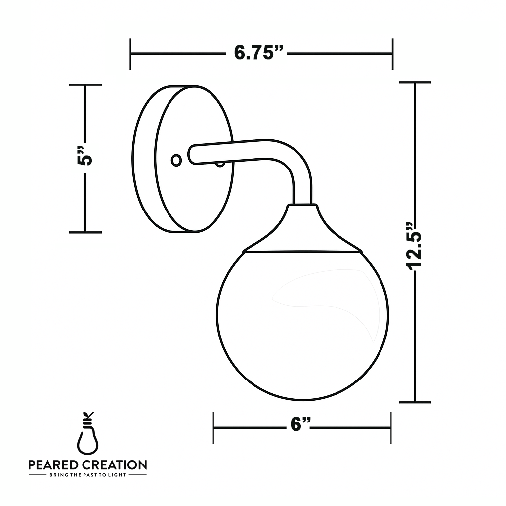 Wall sconce with rounded rectangular backplate and downward curved arm holding a 6-inch globe shade, dimensions shown. - SCONCE MODEL NO. 1752