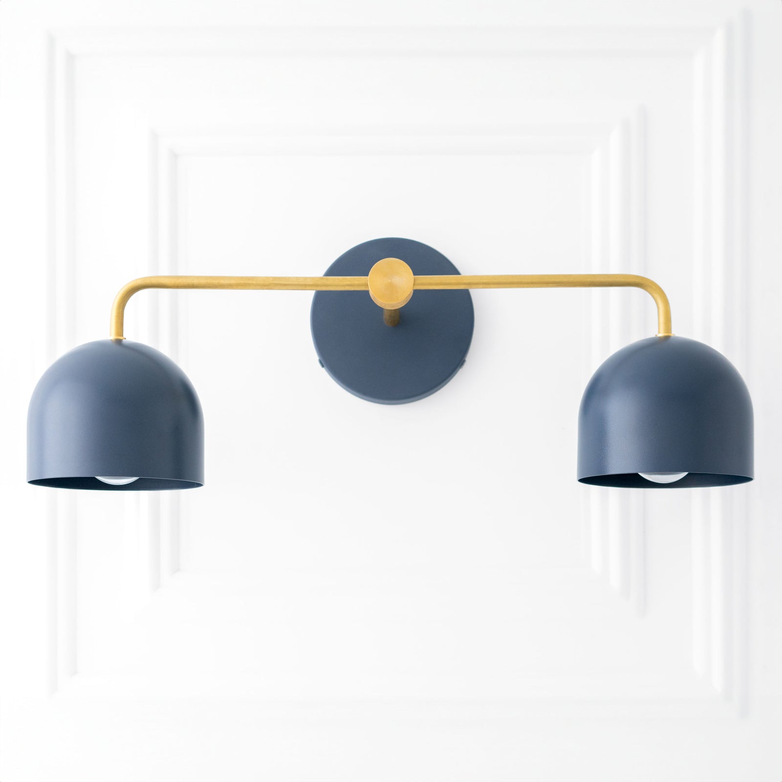 Mid-century modern vanity light with two matte blue dome shades and a gold-toned metal frame. - VANITY LIGHT MODEL NO. 2082