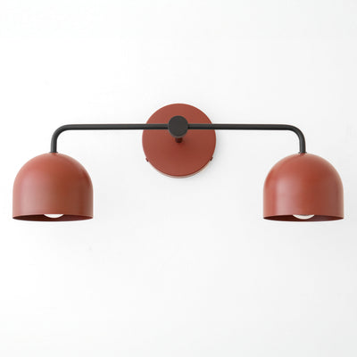 Mid-century modern vanity light with two deep terracotta dome shades and matte black metal frame. - VANITY LIGHT MODEL NO. 2082