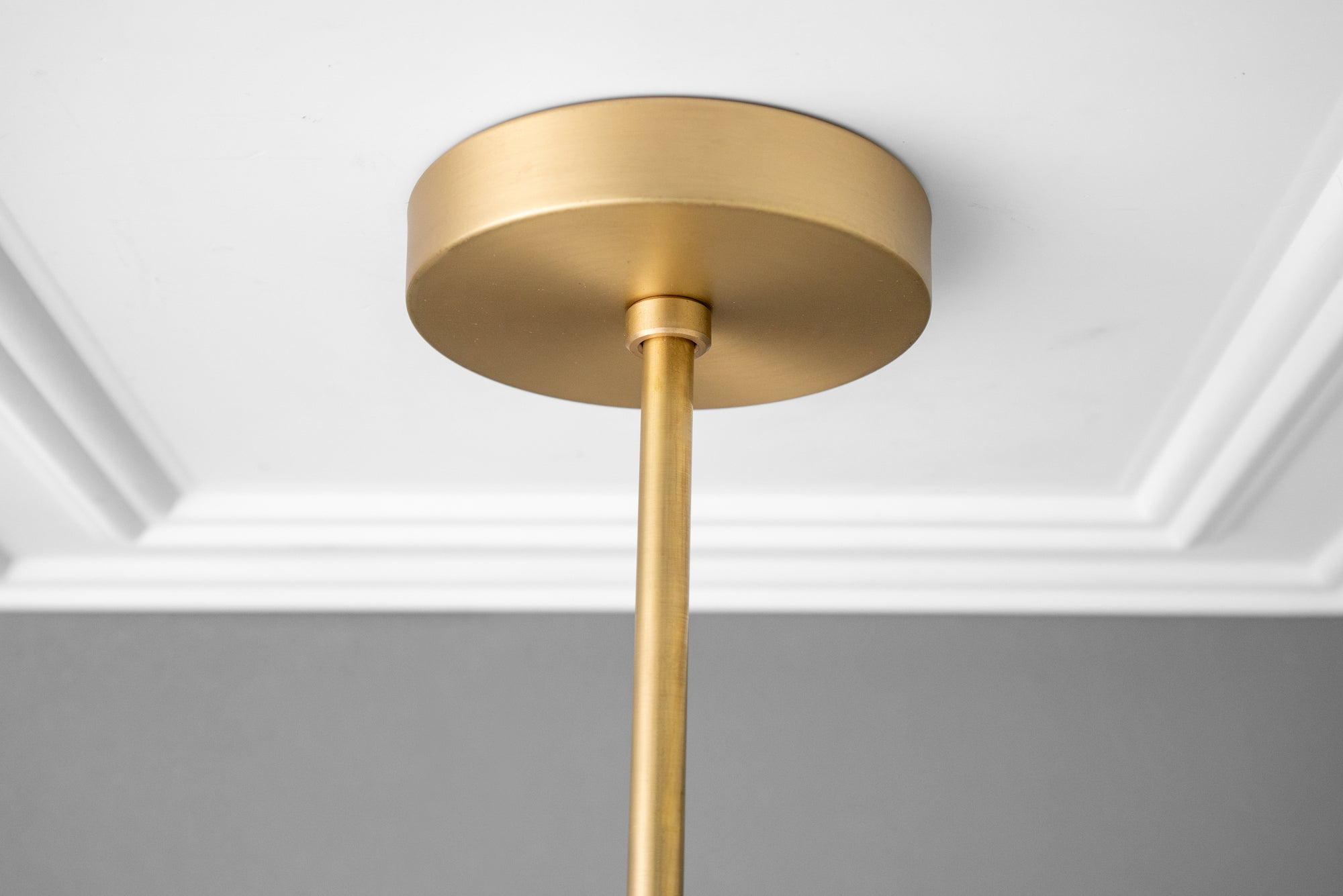 Matte gold metal ceiling mount and downrod for chandelier with clean, modern design. - CHANDELIER MODEL NO. 8477