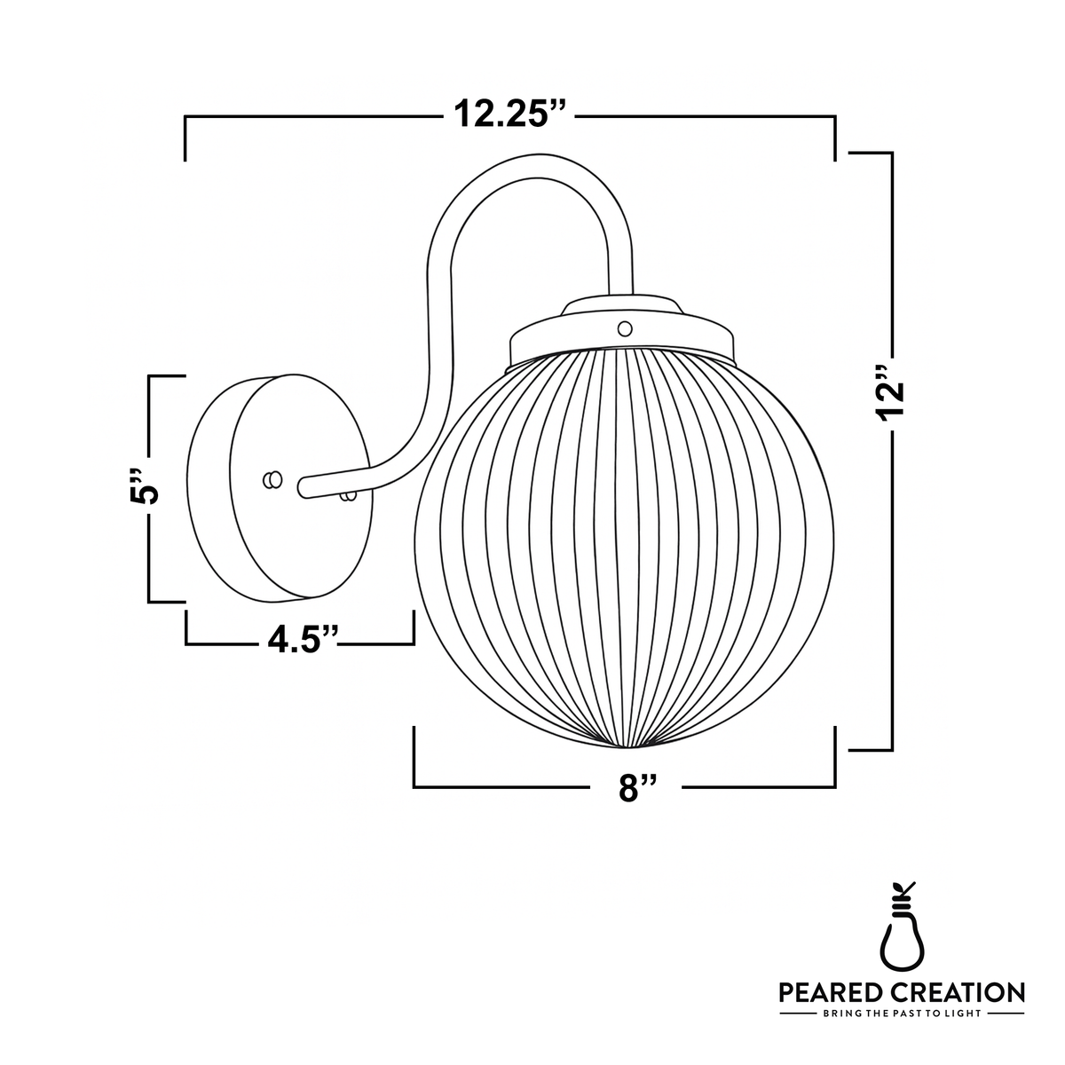 Metal wall sconce with curved arm and ribbed spherical glass shade in brushed finish, 12.25" wide. - SCONCE MODEL NO. 1009