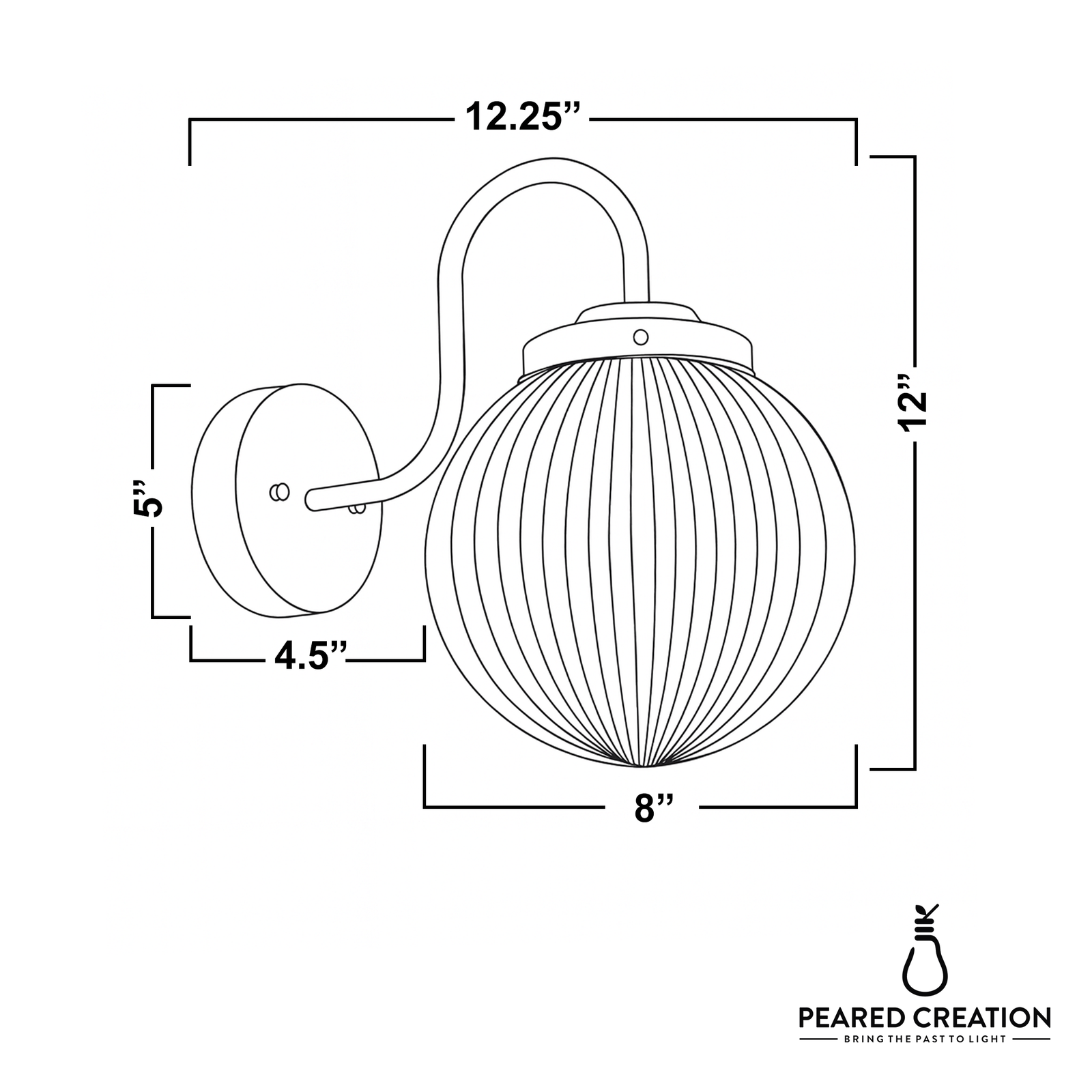 Metal wall sconce with curved arm and ribbed spherical glass shade in brushed finish, 12.25" wide. - SCONCE MODEL NO. 1009