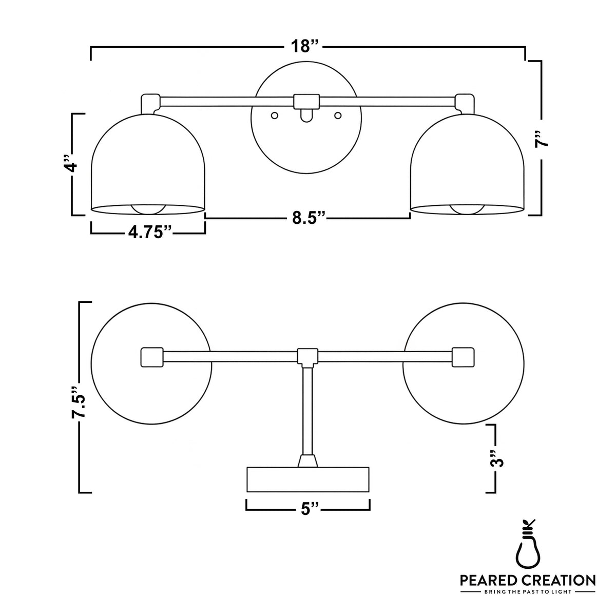 Black double-shade vanity light with industrial Scandinavian design and round mounting plate, dimensions included. - VANITY LIGHT MODEL NO. 0698