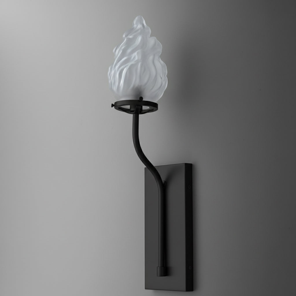 Black metal wall sconce with rectangular backplate and frosted glass shade shaped like a flame. - SCONCE MODEL NO. 7420