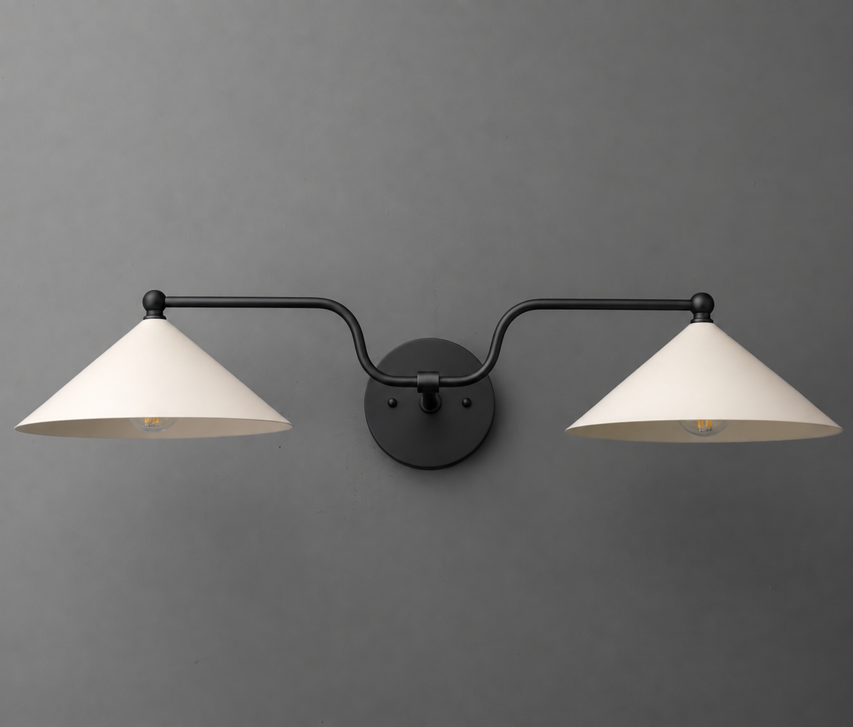 Black metal wall-mounted vanity light with two white conical shades and curved arms. - VANITY LIGHT MODEL NO. 1171