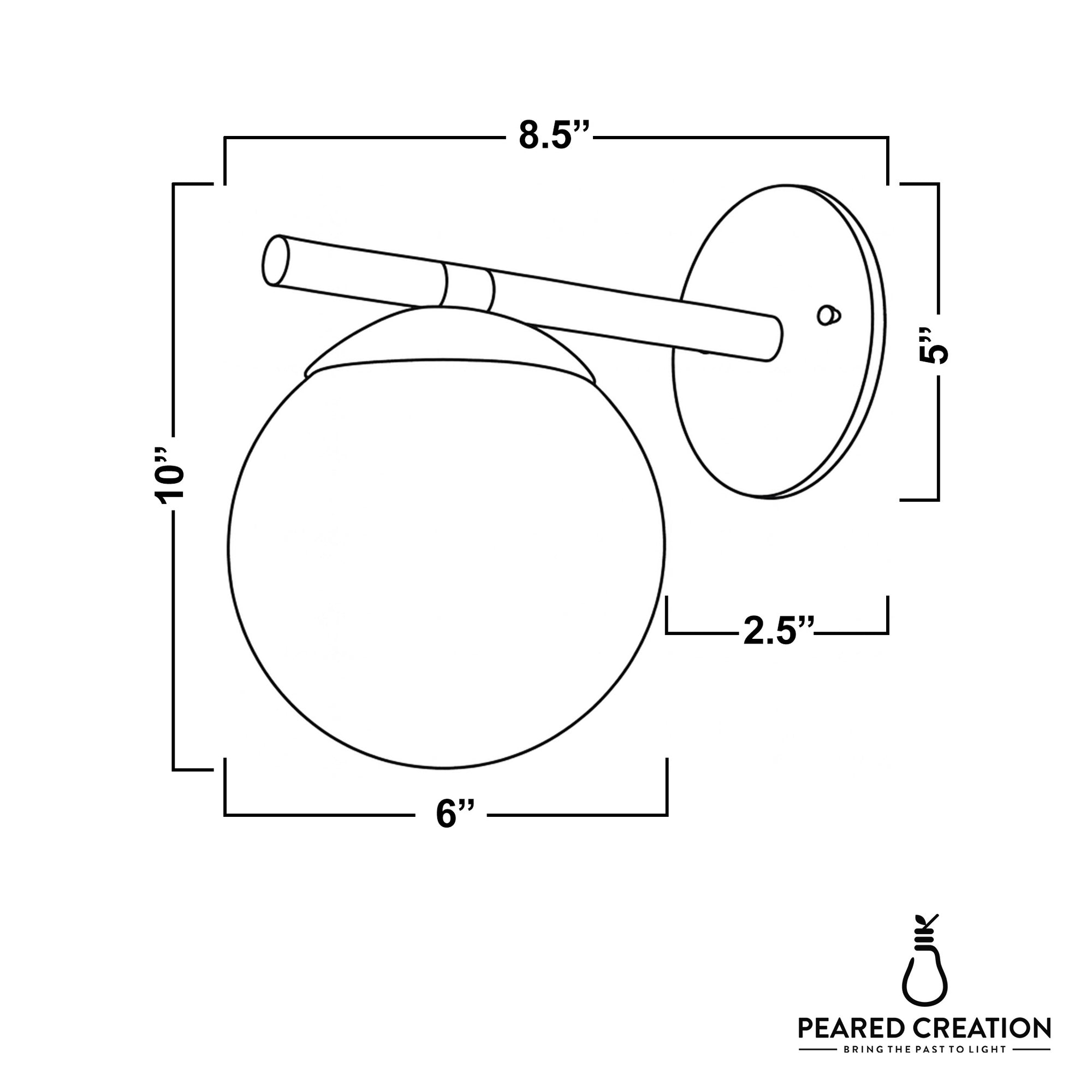 Wall sconce with round glass globe and tubular metal arm, dimensions labeled. - SCONCE MODEL NO. 1358