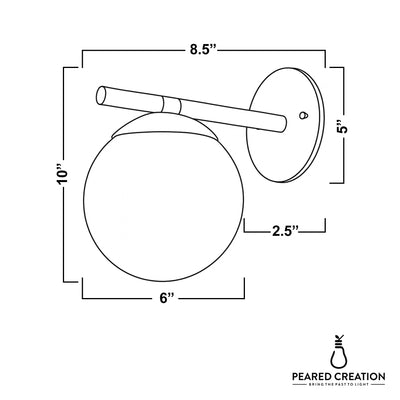 Wall sconce with round glass globe and tubular metal arm, dimensions labeled. - SCONCE MODEL NO. 1358