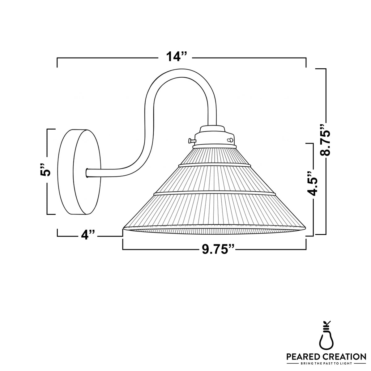 Metal wall sconce with curved arm and wide, ribbed conical shade in a brushed finish. - SCONCE MODEL NO. 6263